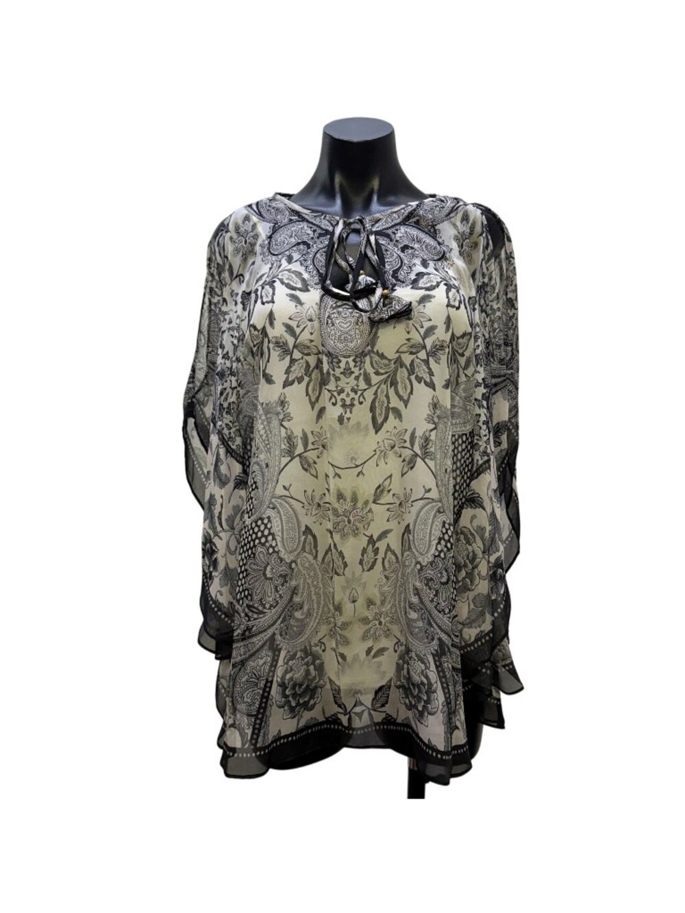 Hale Bob Blouse With Floral Print & Cami Layer Black White S